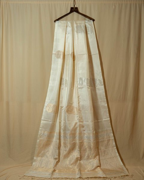 Off-White Kanjeevaram Pure Silk Saree with Silver and Golden Zari Work