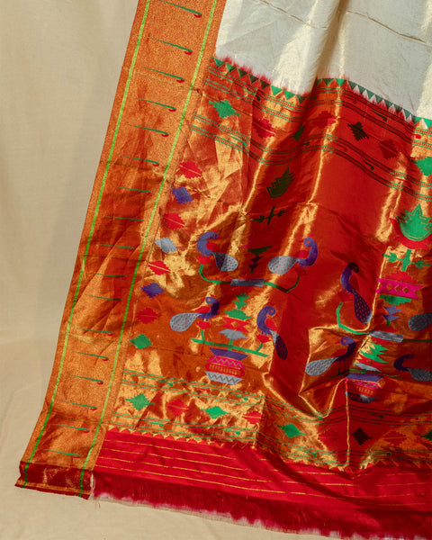 Off-White Single Munia Pure Silk Paithani Saree with Contrast Red Border