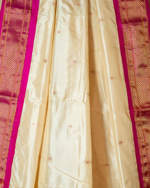 Off-White Paithani Silk Saree with Contrast Pink Border