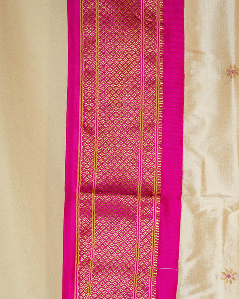 Off-White Paithani Silk Saree with Contrast Pink Border