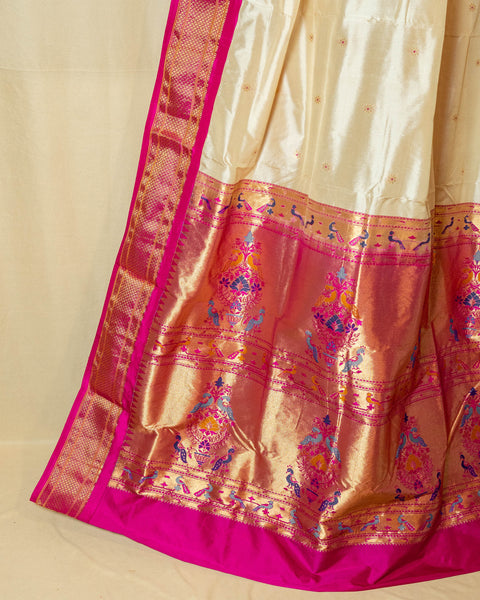 Off-White Paithani Silk Saree with Contrast Pink Border