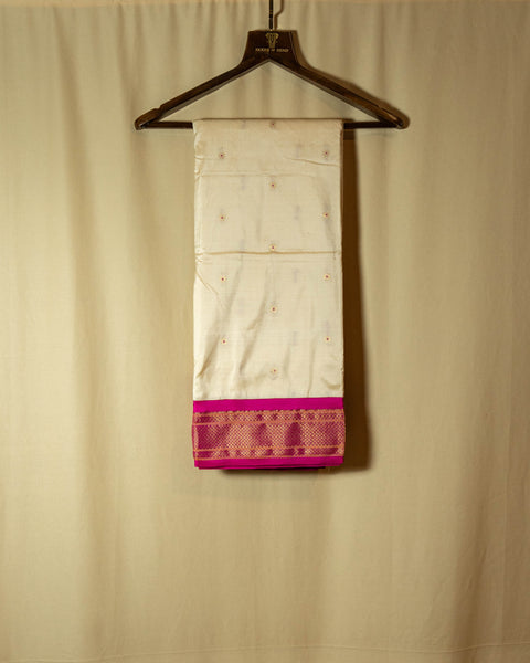 Off-White Paithani Silk Saree with Contrast Pink Border