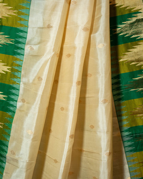 Offwhite Gadwal Silk Saree with Contrast Green Temple Border