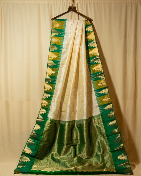 Offwhite Gadwal Silk Saree with Contrast Green Temple Border