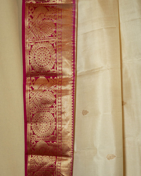 Cream/ Off - white Gadwal Silk Saree with Contrast Pink Border