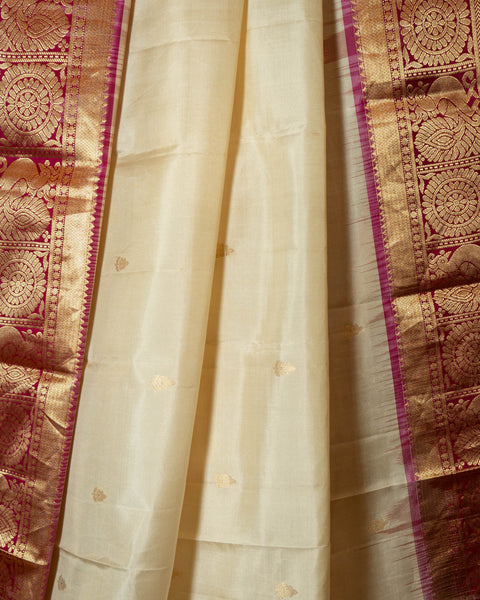 Cream/ Off - white Gadwal Silk Saree with Contrast Pink Border