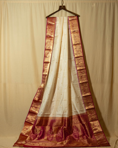 Cream/ Off - white Gadwal Silk Saree with Contrast Pink Border