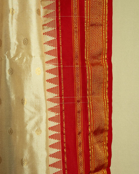 Elegant Off-White/Cream Paithani Silk Saree with Contrast Red Border with Temple Design