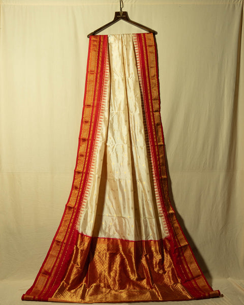 Elegant Off-White/Cream Paithani Silk Saree with Contrast Red Border with Temple Design