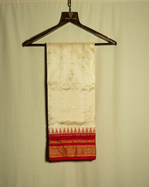 Elegant Off-White/Cream Paithani Silk Saree with Contrast Red Border with Temple Design