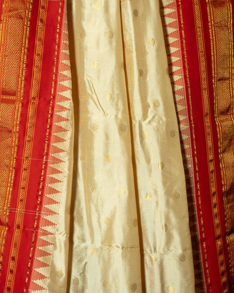 Elegant Off-White/Cream Paithani Silk Saree with Contrast Red Border with Temple Design