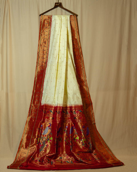 Offwhite/Cream Muniya Paithani Silk Saree with Contrast Red Border