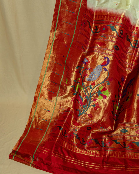 Offwhite/Cream Muniya Paithani Silk Saree with Contrast Red Border