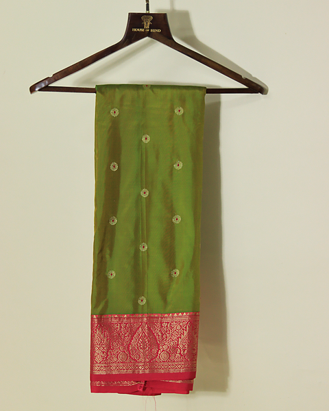 Olive and Red Colour Semi-Silk Kanjivaram Saree with Zari Border