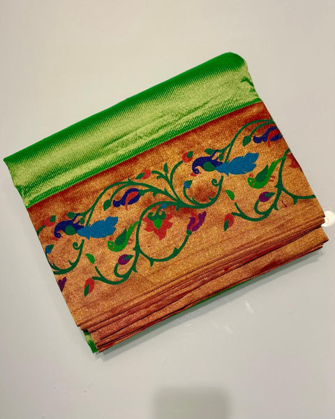 Parrot Green Tissue Lining Paithani in Pure Silk