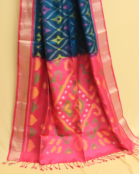 Radiant Fusions Pink Patola Saree with Blue Pallu