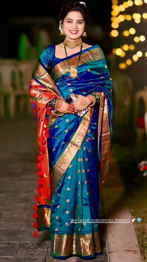 Peacock Blue Pure Silk Paithani Saree for Weddings