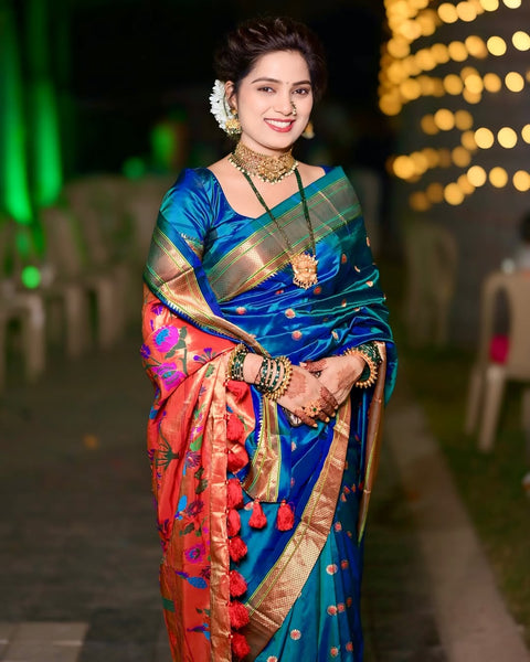 Peacock Blue Pure Silk Paithani Saree for Weddings