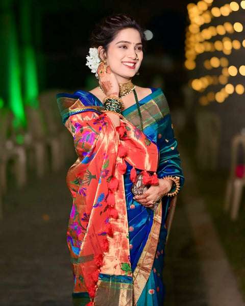 Peacock Blue Pure Silk Paithani Saree for Weddings