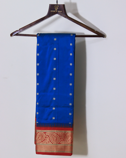 Royal Blue and Red Semi-Silk Kanjivaram Saree with Zari Border