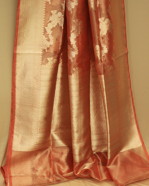Rust Banarasi Uppada Pure Silk Saree with Golden Zari Accents