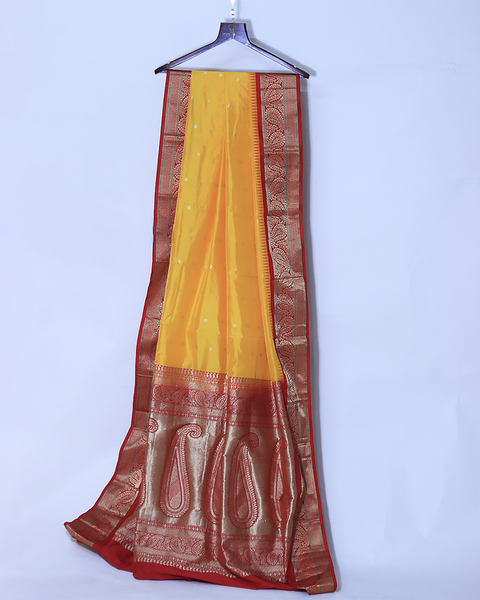 Yellow and Red Semi-Silk Kanjivaram Saree with Zari Border