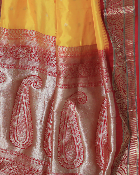 Yellow and Red Semi-Silk Kanjivaram Saree with Zari Border