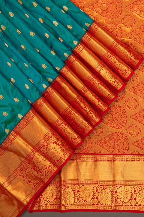 The Teal Blue Kanjeevaram Silk Saree with Golden Butti