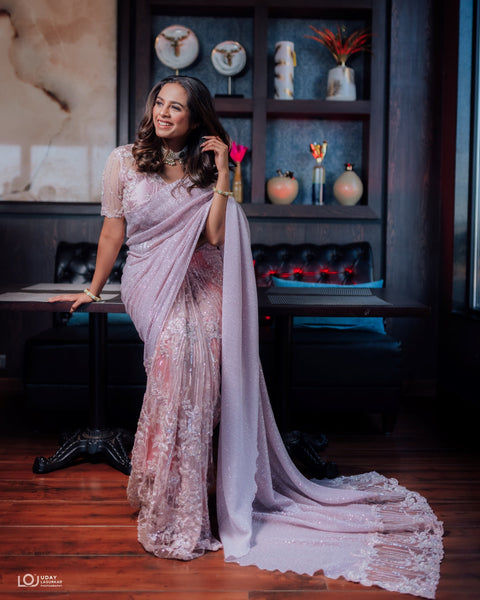 Light Pink Sequin Designer Net Saree