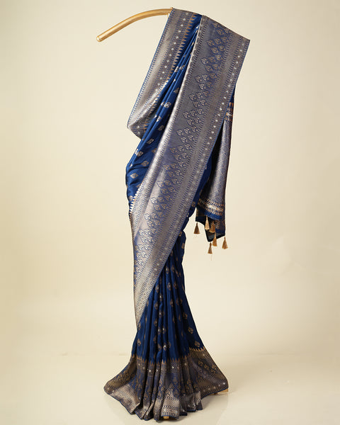 Navy Blue Dola Silk Saree with Golden Zari Heavy Work and Straight Border