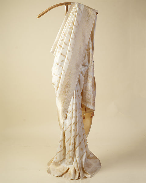 White Dola Silk Saree with Golden Zari Work