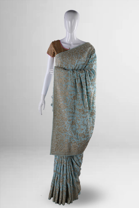 The Frost Blue Designer Dola Silk Saree with Zardosi Work