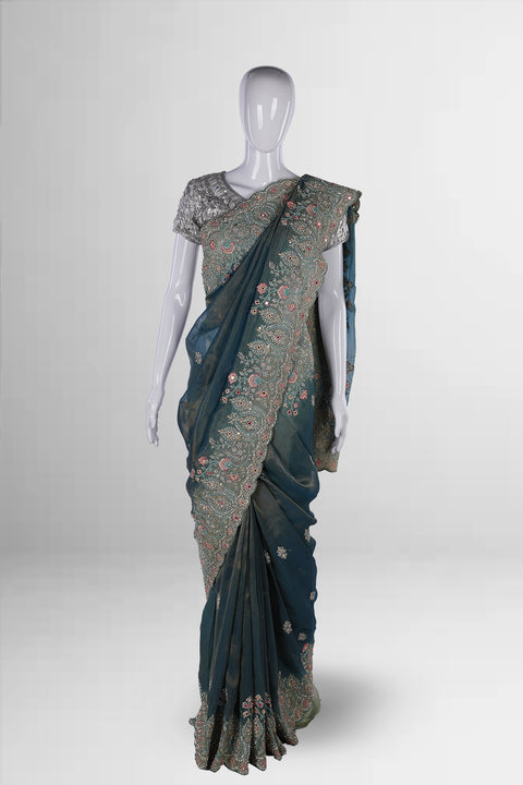 The Grey Designer Dola Silk Saree with Floral Embroidery