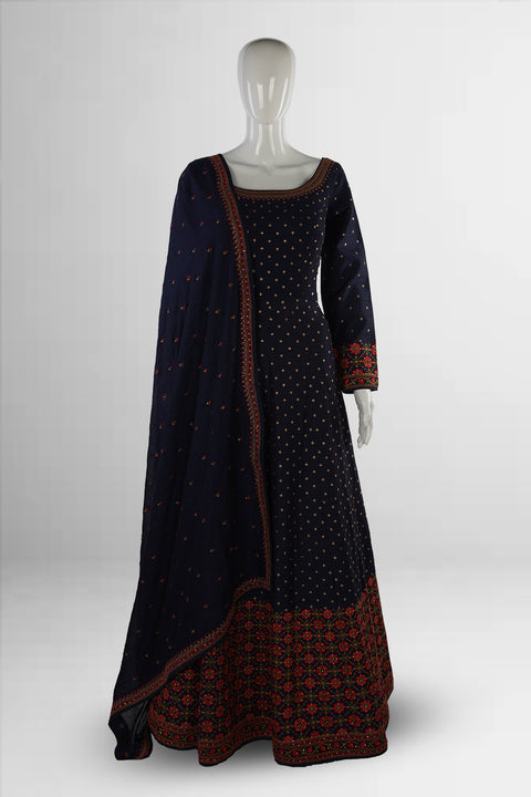 The Navy Blue Embroidered Raw Silk Anarkali Suit