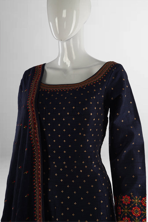 The Navy Blue Embroidered Raw Silk Anarkali Suit