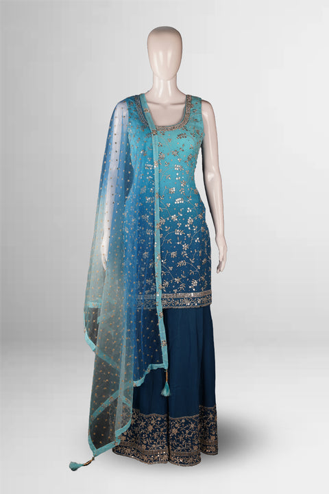 The Teal Blue Ombre Sharara Suit Sequin Embroidery