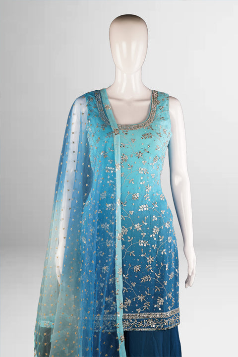 The Teal Blue Ombre Sharara Suit Sequin Embroidery