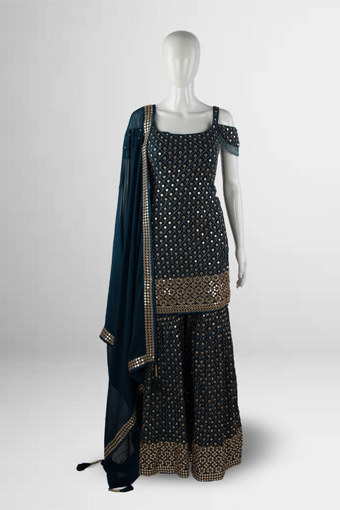 The Peacock Blue Off Shoulder Sharara Suit