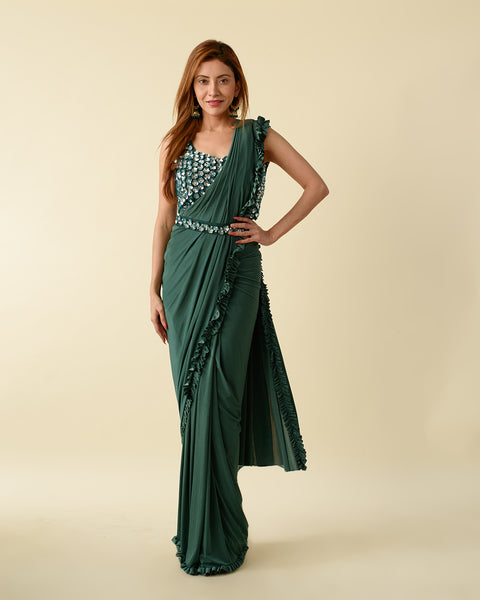 Bottle Green Pre-draped Saree