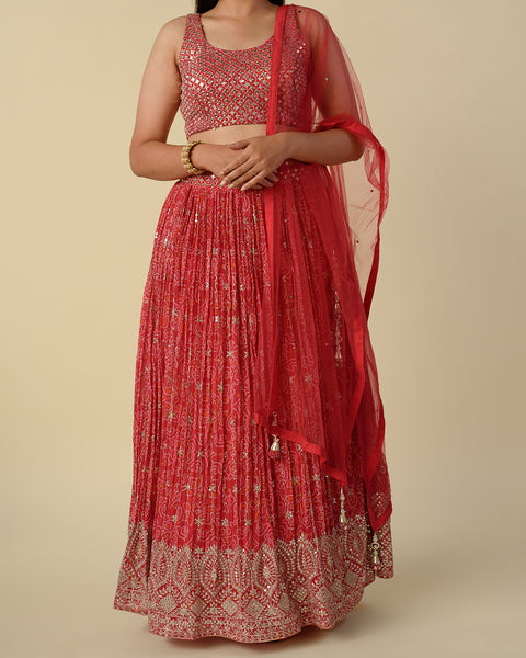 Bandhini Printed  Dark Pink Georgette light Lehenga