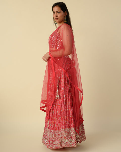 Bandhini Printed  Dark Pink Georgette light Lehenga