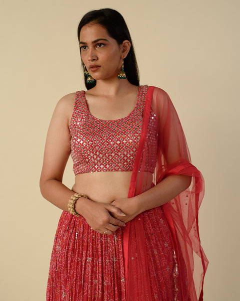 Bandhini Printed  Dark Pink Georgette light Lehenga