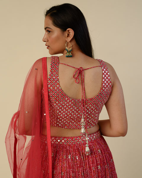 Bandhini Printed  Dark Pink Georgette light Lehenga