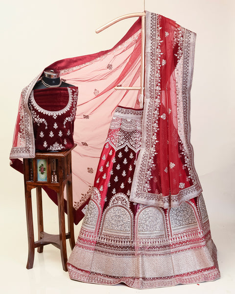 Maroon Velvet Bridal Lehenga