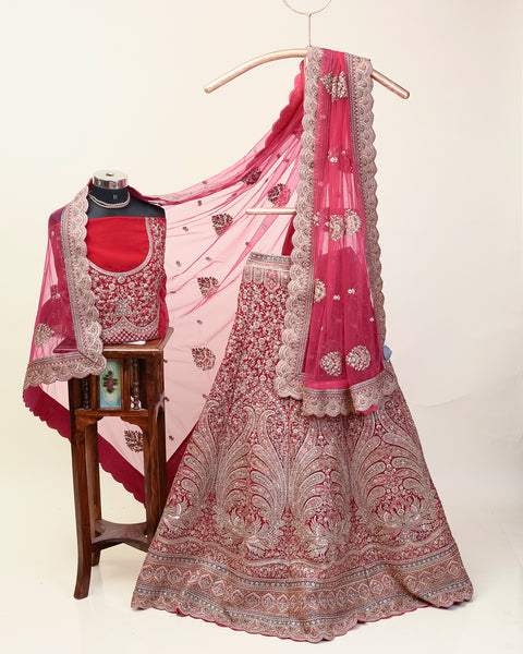 Pinkish Red Velvet Bridal Lehenga
