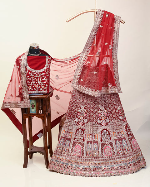 Scarlet Red Velvet Bridal Lehenga