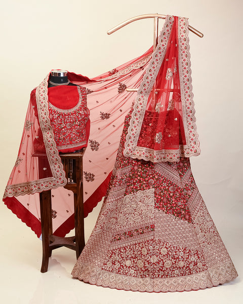 Bright Red Velvet Bridal Lehenga