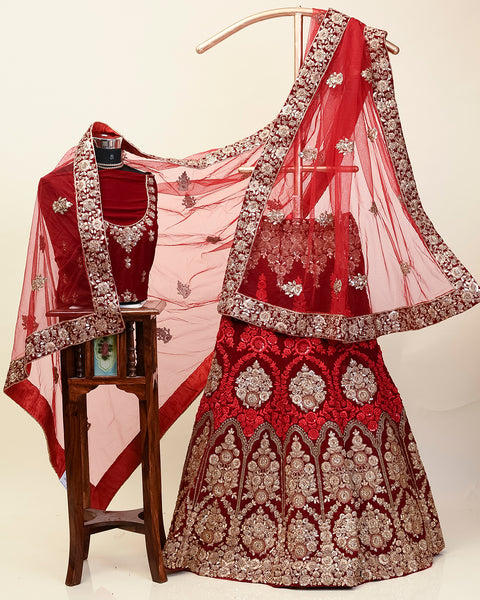 Carmine Red Velvet Bridal Lehenga