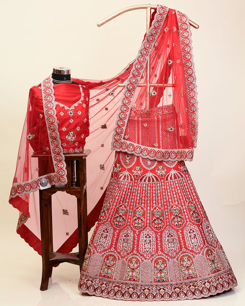 Red Velvet Bridal Lehenga, featuring intricate and heavy work of stone and zari and floral buttis