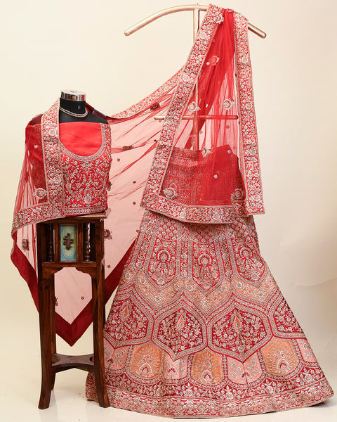 Red Raw Silk handwork of stone and zari bridal Lehenga